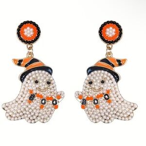 Halloween Ghost Gold Beaded Pearl Boo Dangle Earrings Spooky Bling